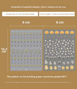 Detailed view of 5D minimalist floral nail art stickers KX087 and KX088 with dimensions