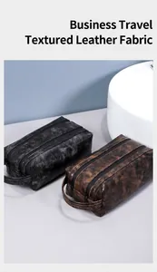 Detail of vintage PU leather toiletry bags in black and brown for travel storage