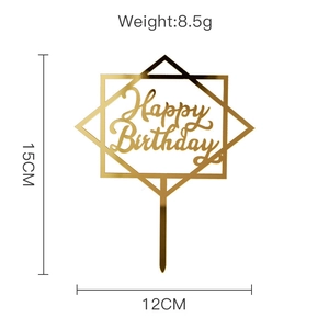 Detailed size chart of gold acrylic Happy Birthday cake topper showing 15cm height and 12cm width