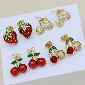 Cute Fruit Strawberry Cherry Stud Earrings Copper Enamel Zircon Fashion Sweet Women Jewelry Accessory
