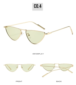 Detailed views of gold metal triangle sunglasses with light yellow lenses and non-slip tips