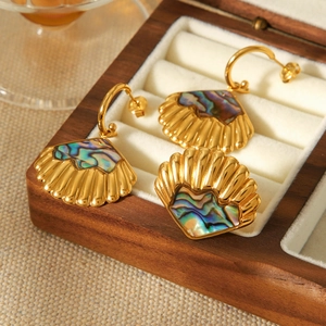Elegant gold stainless steel shell earrings and pendant set with abalone shell inlay