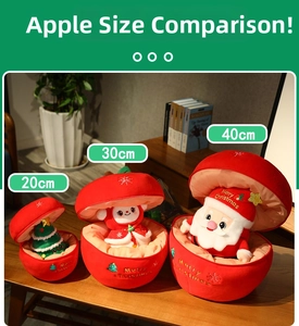 Three sizes of Christmas apple plush toys featuring Santa, snowman, and tree inside