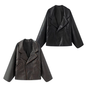 Detailed view of cropped PU leather jackets in black and deep brown with lapel collars
