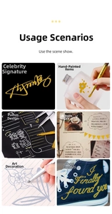 Metallic craftwork pen shown on various surfaces including glass, canvas and dark paper