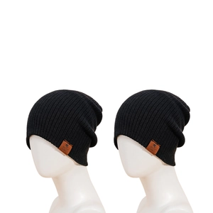Black knit beanie with SUPER STAR leather patch shown from side profile on white background