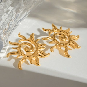 Stainless Steel Sun Earrings Gold Plated Spiral Geometric Hollow Sunburst Studs For Women Hypoallergenic Jewelry