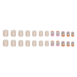 Short square glitter press-on nails with butterfly gradient design in pink and orange hues
