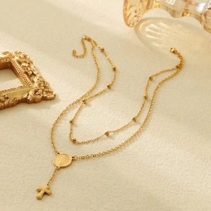 Double-layered 18k gold plated stainless steel necklace with Virgin Mary and cross pendants