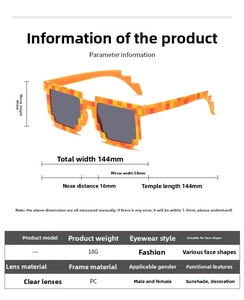 Detailed technical diagram showing 144mm width and 49mm height of pixel sunglasses