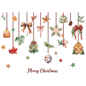 Watercolor Christmas wall stickers with pine branches bows and gingerbread house elements