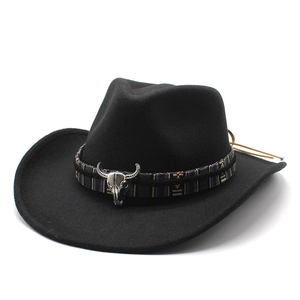 Western Cowboy Hat Felt Wide Brim Retro Ethnic Woven Band Metal Bull Head Skull Decoration Unisex Jazz Fedora