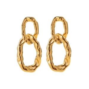 Vintage gold interlaced double ring earrings with irregular hammered metal texture