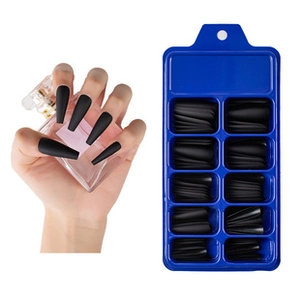 Detail of long black coffin fake nails with storage case and application demonstration