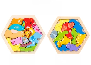 Detailed comparison of animal and dinosaur style large wooden hexagon puzzles for kids