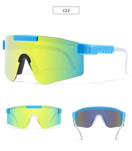Detail view of sky blue sports sunglasses with multi-color cycling mirrored lenses
