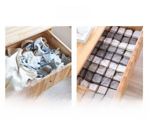 Before and after comparison of mesh drawer organizers for socks and underwear storage