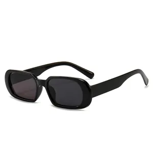 Classic black rectangular sunglasses with vintage small frame and glossy dark lenses