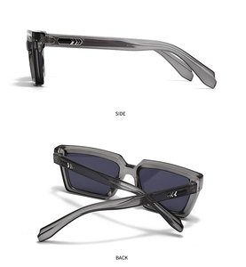 Detail view showing side and back angles of square sunglasses with silver arrow accents