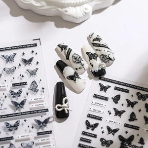 3D Relief Nail Art Stickers Butterfly Rose Flower Black White Ultra Thin Adhesive Decals Japanese Style DIY Manicure