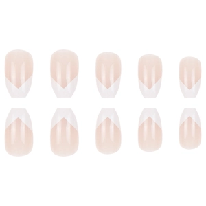 Short ballet press on nails with elegant nude base and white V-shaped French design