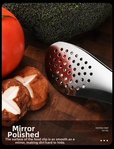 Close-up of mirror-polished stainless steel food tongs with round perforated design