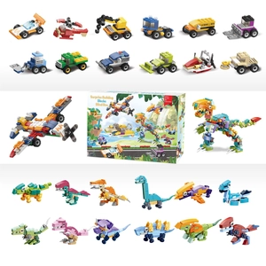 Macro view of 24 colorful surprise building blocks including dinosaurs and mini vehicles