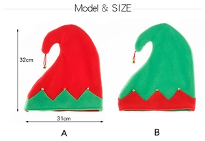 Detailed size chart of red and green Christmas elf hats with bells 32cm height