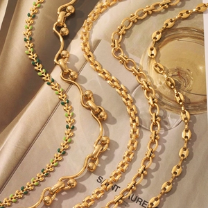 Chic 18k gold plated stainless steel necklaces featuring green enamel and chain link textures