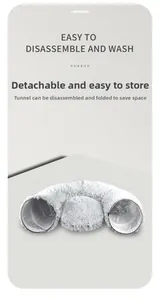 Detail view showing easy disassemble and wash features of the plush gray cat tunnel bed