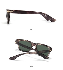 Side and back view of round marble-patterned sunglasses with dark green lenses