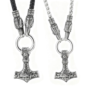 Nordic Viking Thor Hammer Mjolnir Pendant Necklace Stainless Steel Retro Mythology Wolf Head Jewelry