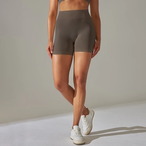 Detailed side view of coffee high waist seamless yoga shorts with peach lift design