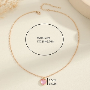 Pink heart pendant necklace with gold O-chain and size dimensions 45cm plus 7cm