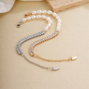 Elegant gold and silver pearl bracelets with rectangular zircon accents and handmade tag