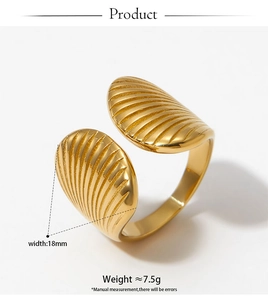 Detailed close-up of golden shell textured stainless steel ring with 18mm width detail