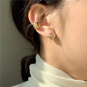 Minimalist 925 sterling silver heart stud earring and ear cuff set in gold finish