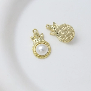 Detailed front and back view of a gold angel pendant holding a white faux pearl