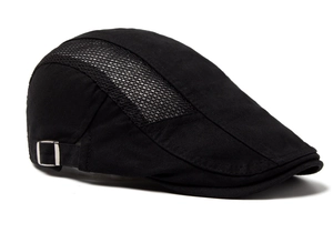 Detail of black breathable mesh flat cap with silver metal side adjustment buckle