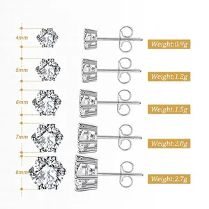 S925 Sterling Silver 6-Prong Stud Earrings Set in Sizes 4mm to 8mm with Cubic Zirconia