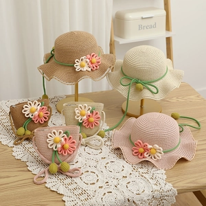Kids straw sun hat and matching flower bag set in brown cream and pink colors