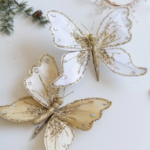Sparkling Christmas butterfly clip ornaments with gold sequins and rhinestones for tree decor