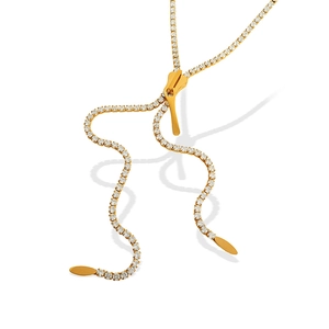 Luxury gold zipper pendant necklace with sparkling white zircons and long chain link design