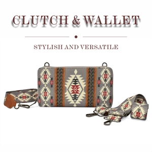Detail of bohemian tribal canvas clutch featuring adjustable straps and metal hardware