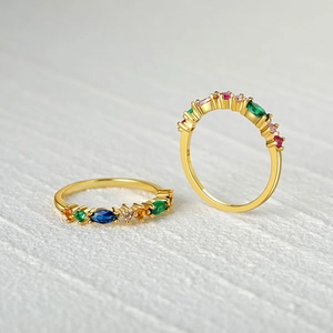 Detailed view of S925 sterling silver ring with colorful marquise zircons in gold finish