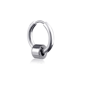 Macro view of polished silver hoop earring with sliding cylindrical metal charm