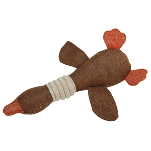 Detail of durable linen fabric texture on long-neck duck plush dog chew toy