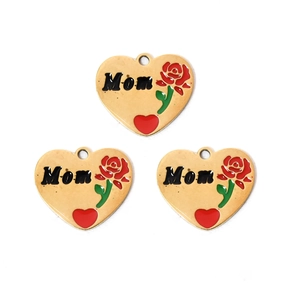 Set of three golden heart pendants with red roses and Mom engraving for Mother's Day