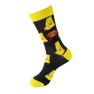 Detail of cotton crew sock featuring pizza patterns and You're So Hot text on black base