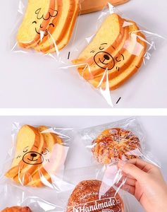 Detail of transparent self-adhesive bread bags with cute bear and white bread patterns